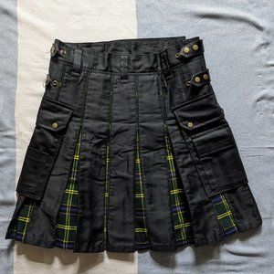 Men's Utility Kilt, size 36, black cotton twill with tartan wool accents